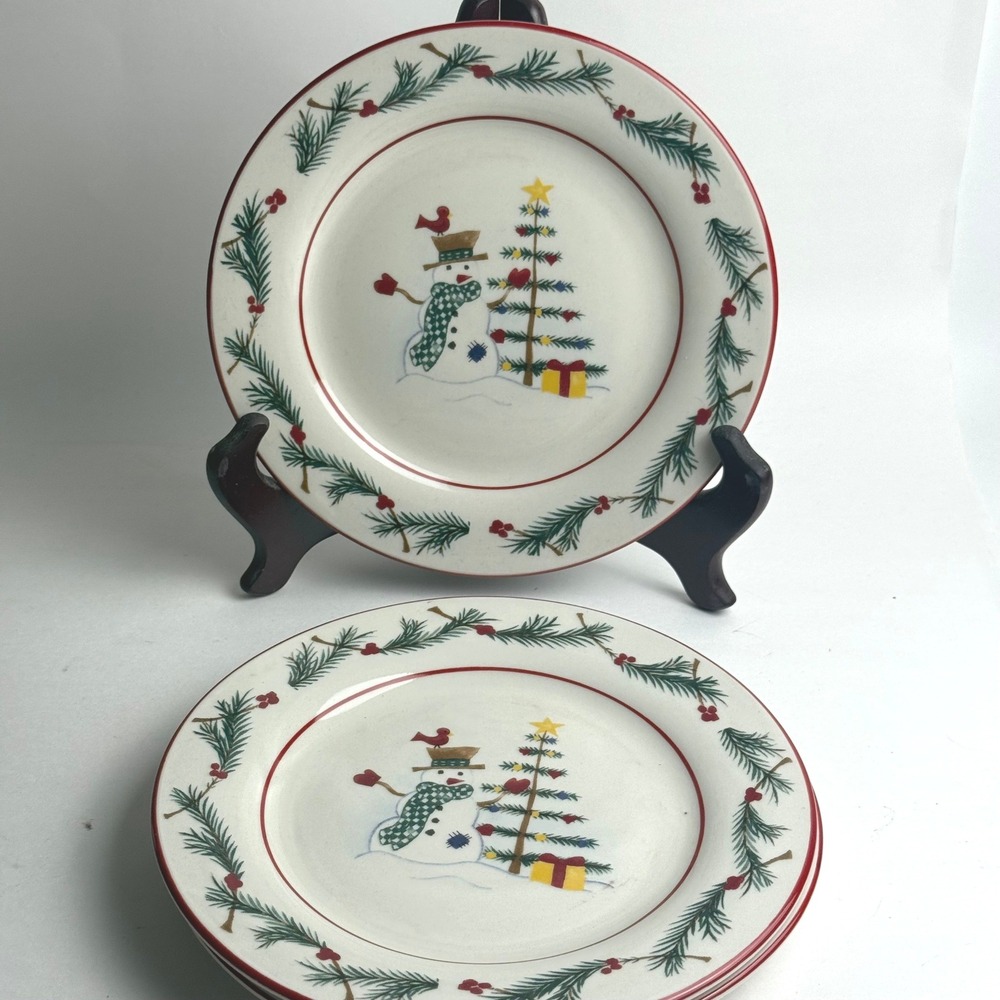 Farberware Holiday Snowman Dinner Plates Set of 3 Christmas Tree Pine 4380 10.5"